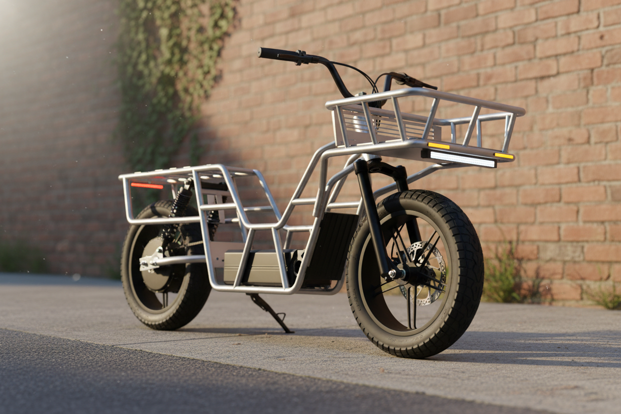 Carry moped showing step-through cradle frame with front cargo rack