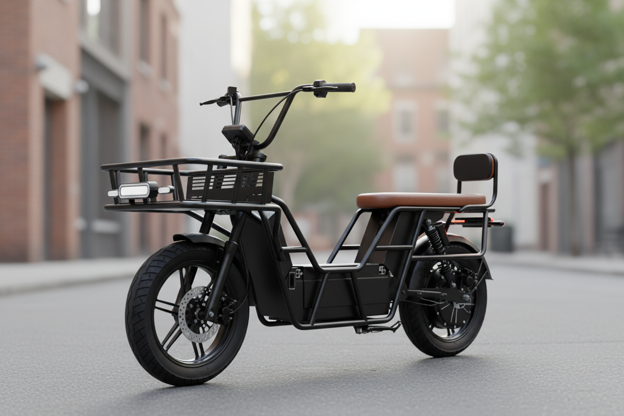 Carry moped with full suspension and rear passenger seat