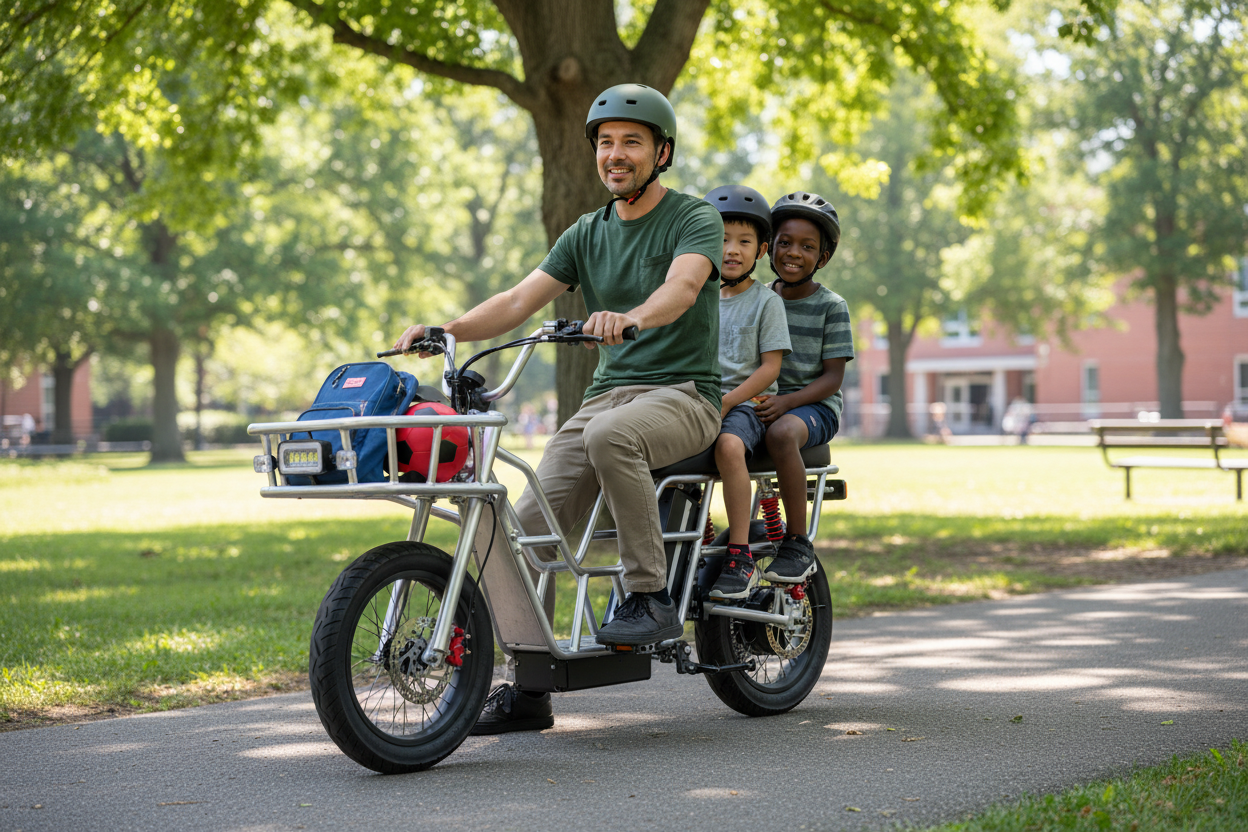 Father riding Carry moped with two children through a sunny park