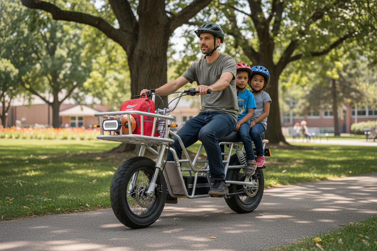 Family outing on Carry moped in the park