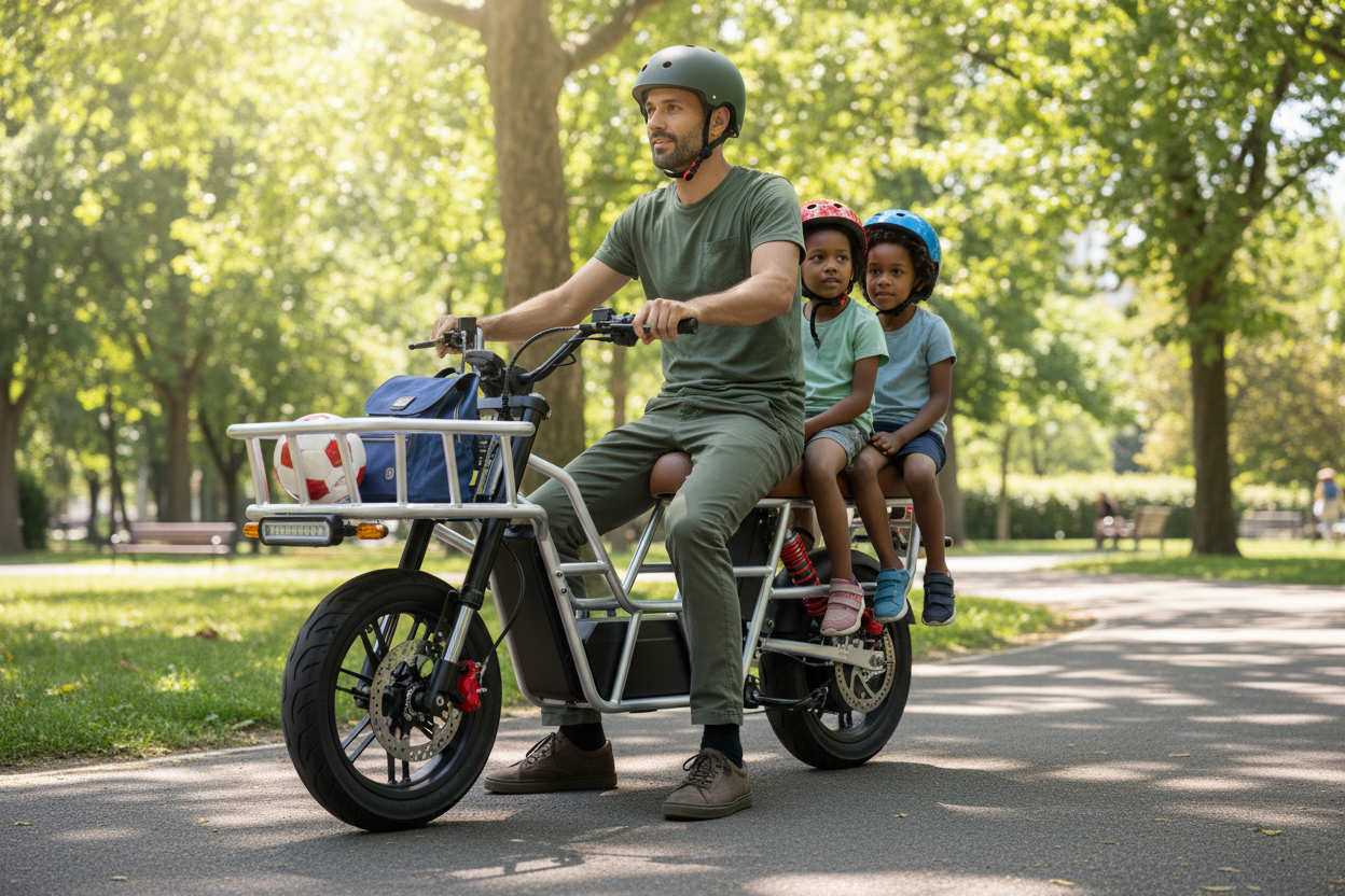 Father and children enjoying a park ride
